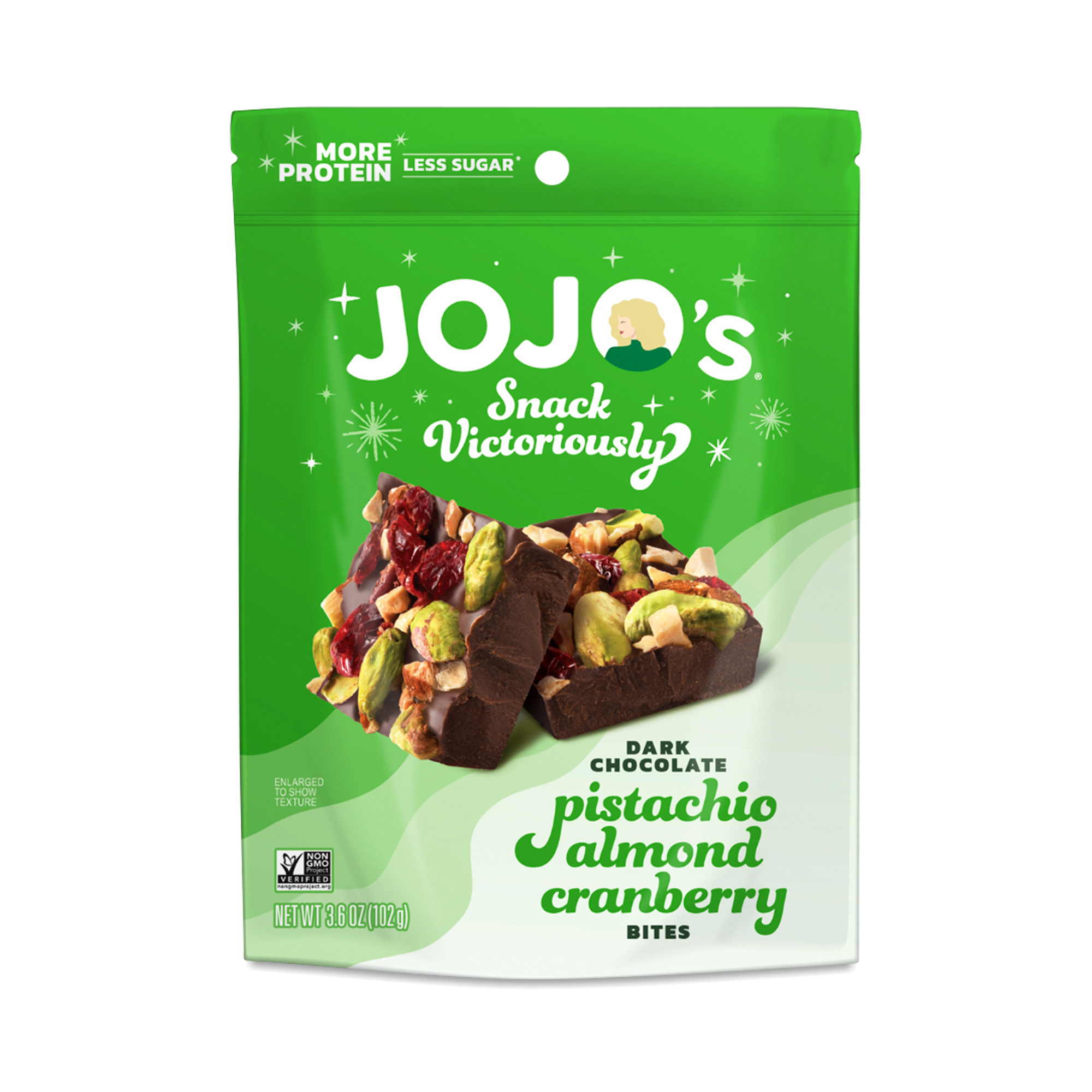 JOJO's Chocolate Dark Chocolate Bites, Pistachio Almond Cranberry
