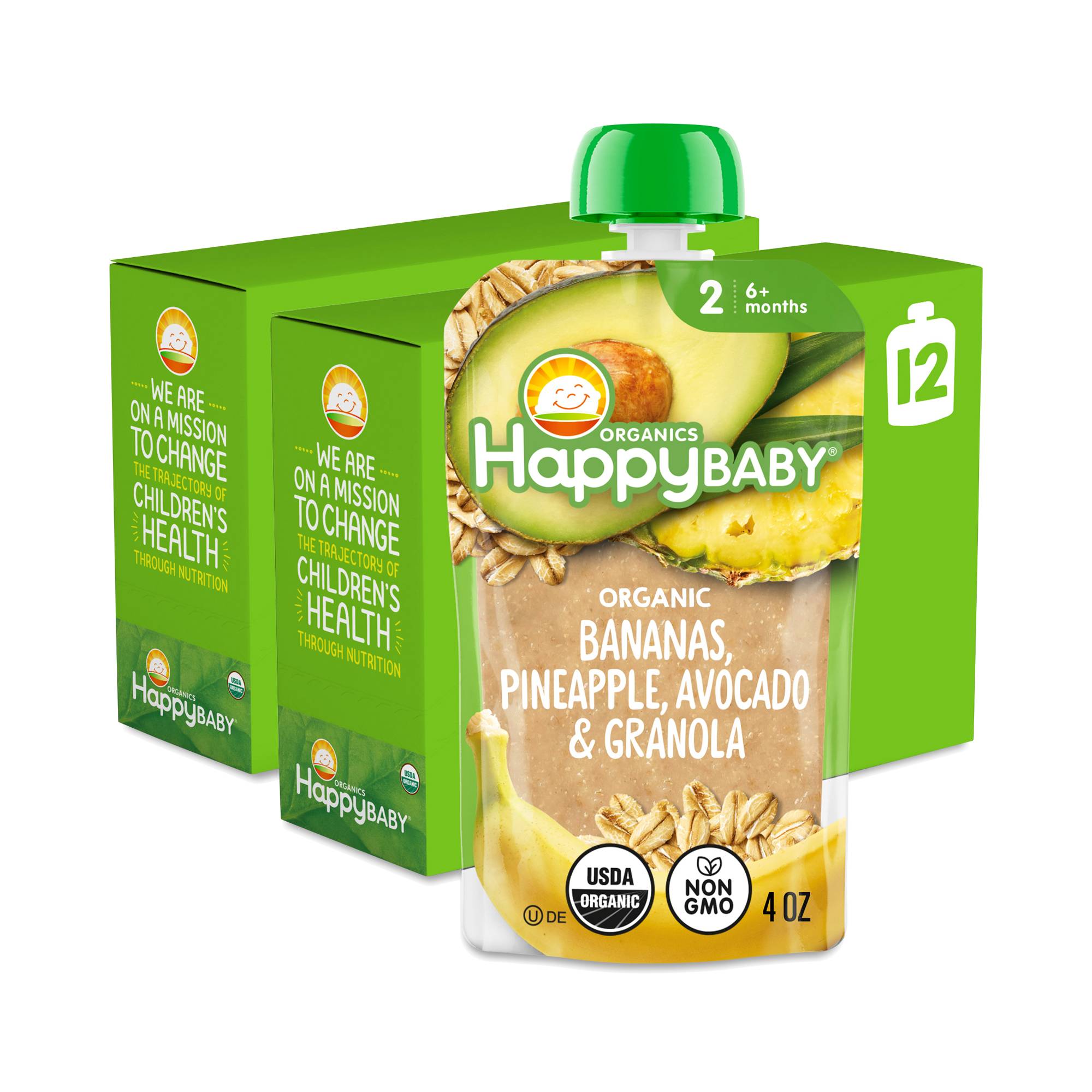Happy Baby Stage 2 Organic Fruit Pouch, Bananas, Pineapple, Avocado & Granola