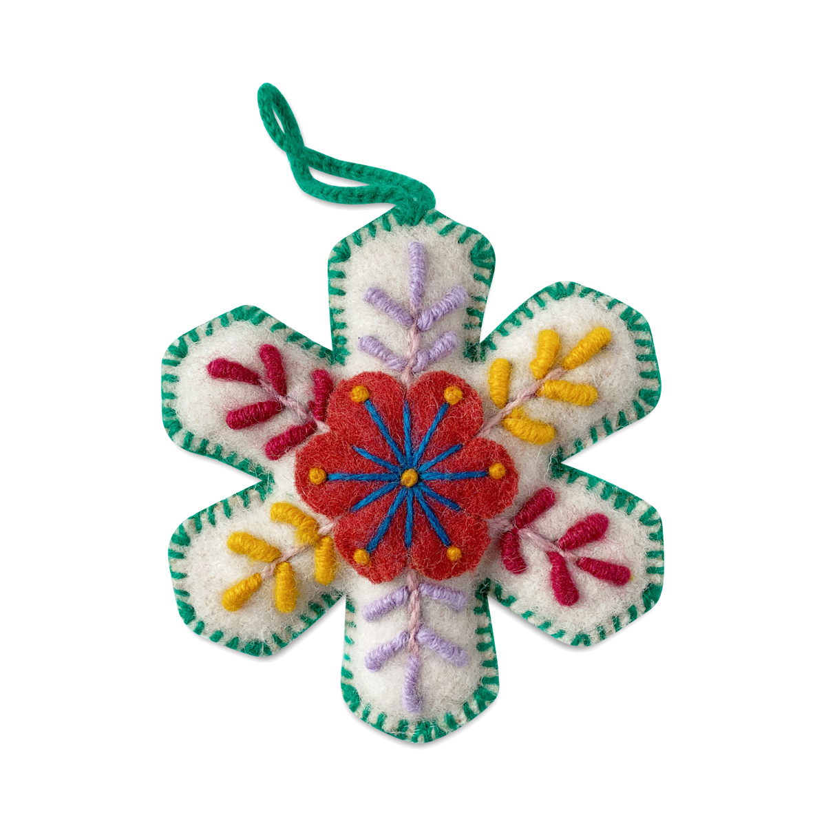 Ornaments 4 Orphans Embroidered Wool Ornament, Green Snowflake Thrive