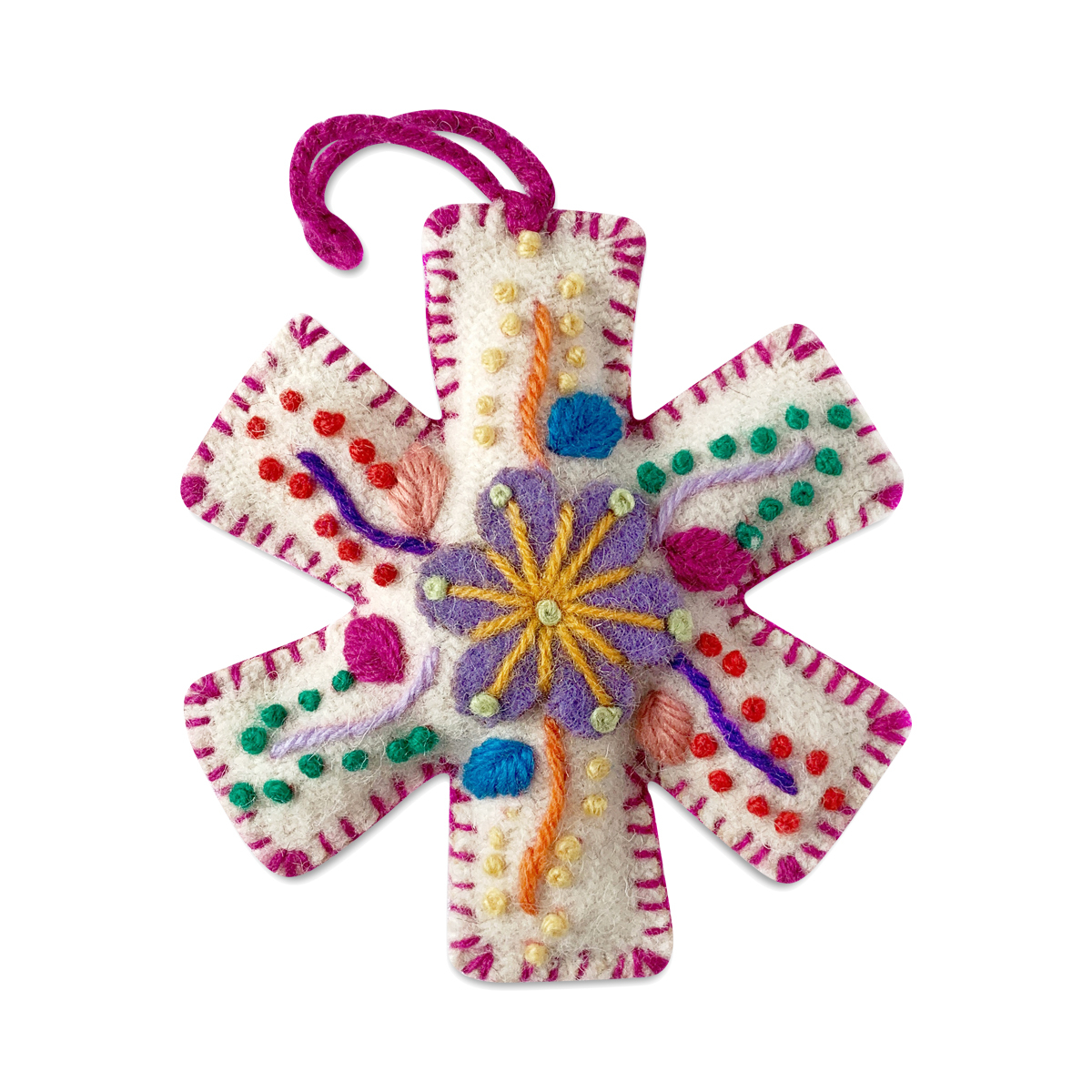 Ornaments 4 Orphans Embroidered Wool Ornament, Pink Snowflake Thrive