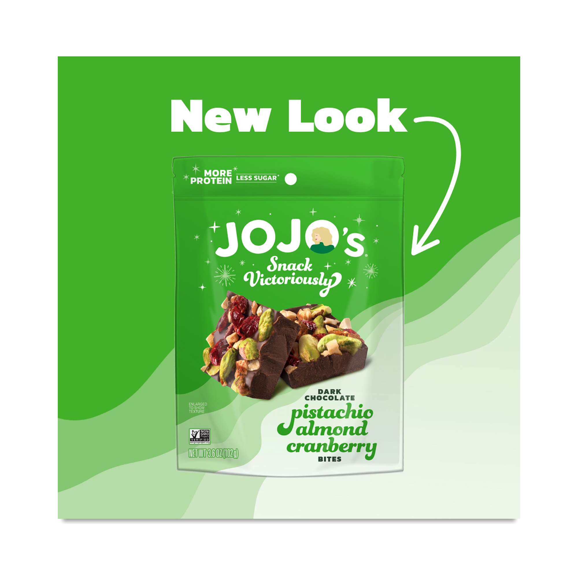 JOJO's Chocolate Dark Chocolate Bites, Pistachio Almond Cranberry