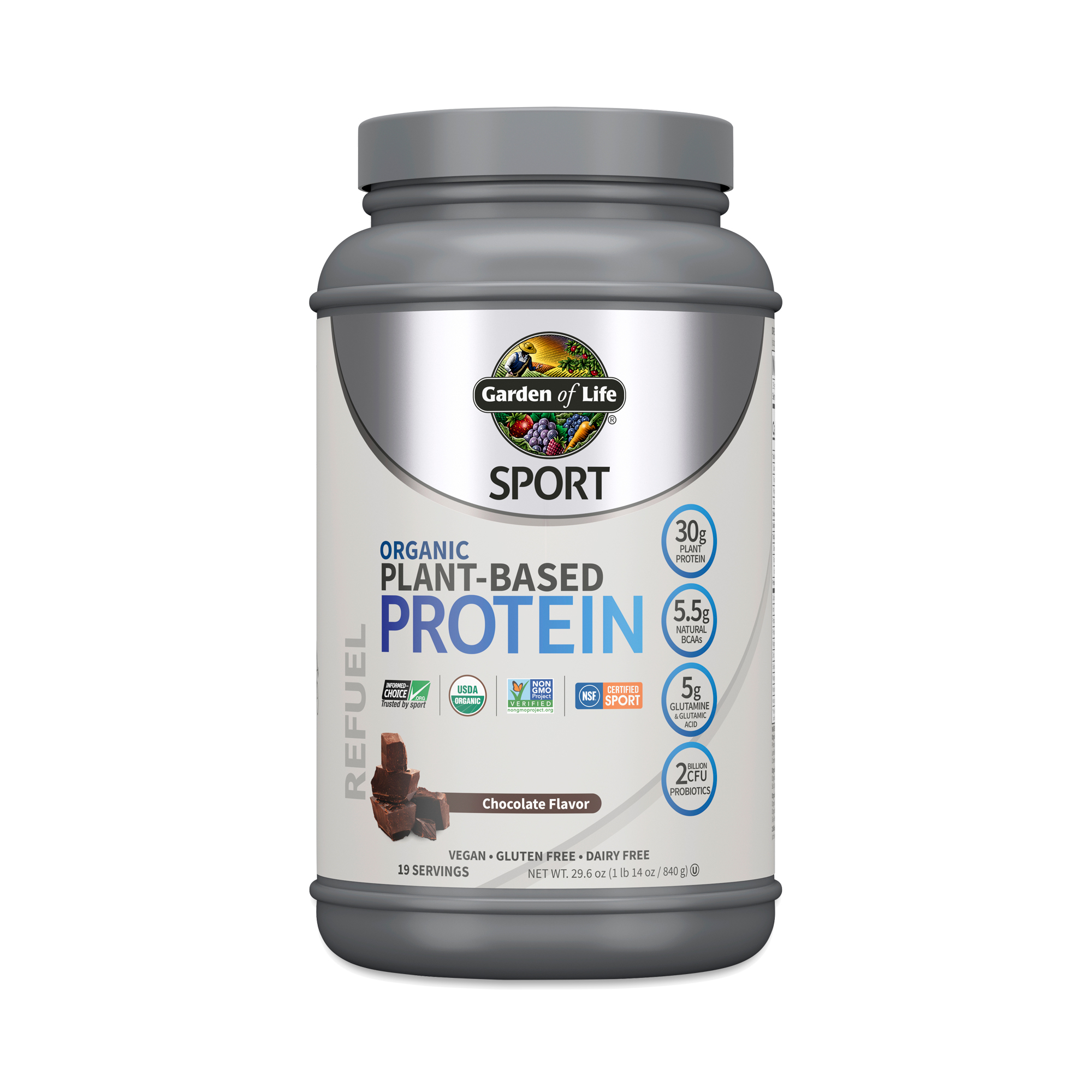 Garden of Life SPORT Organic Plant-Based Protein Powder, Chocolate 29.6 oz tub