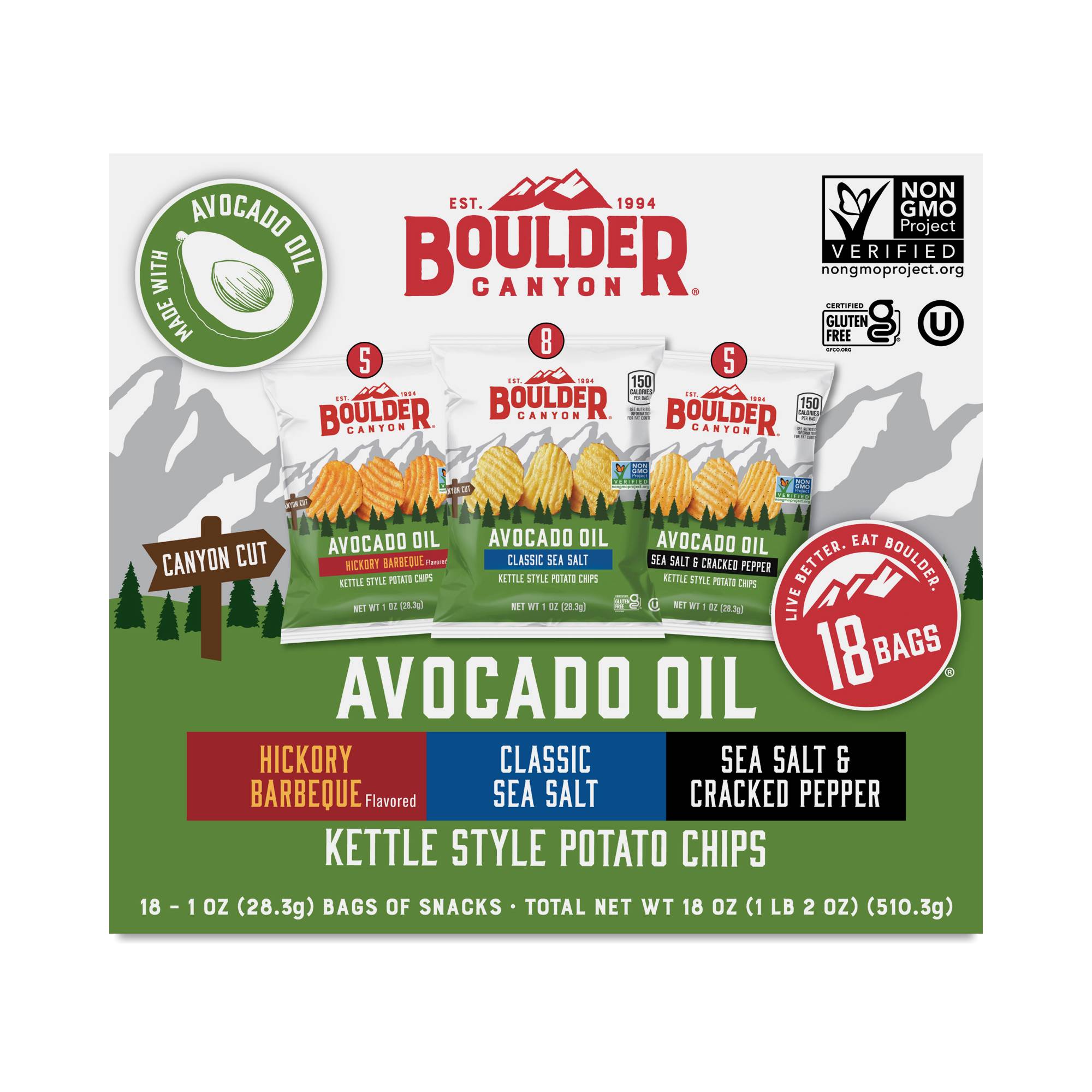 Avocado Oil Canyon Cut Kettle Style Potato Chips, Variety Snack Pack