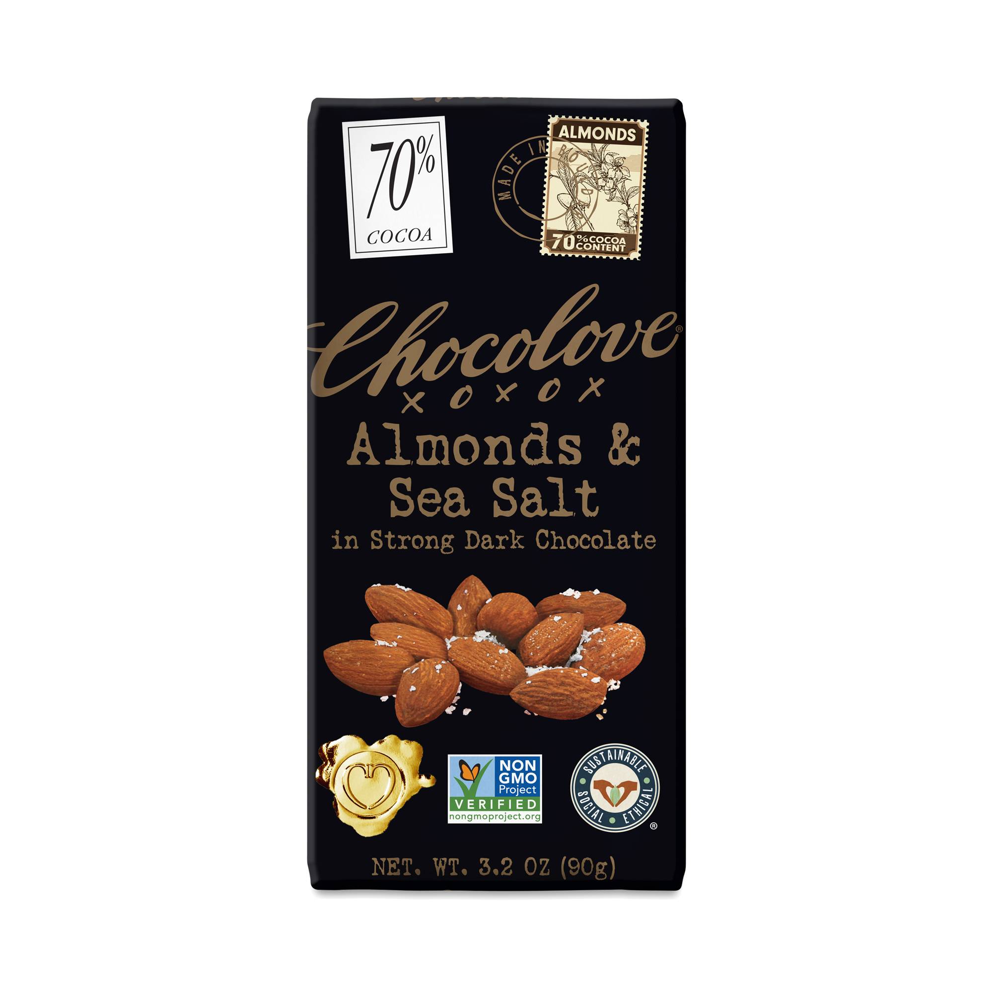 Almonds & Sea Salt Strong Dark Chocolate Bar, 70% Cocoa