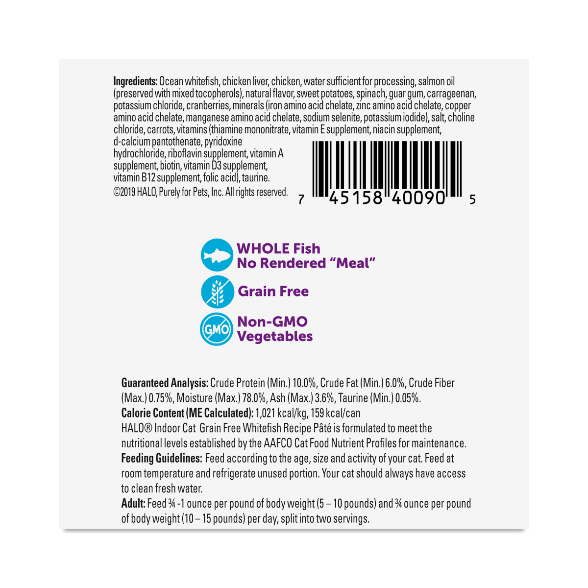 Halo Indoor Grain Free Wet Cat Food for Adult Cats, Whitefish Recipe