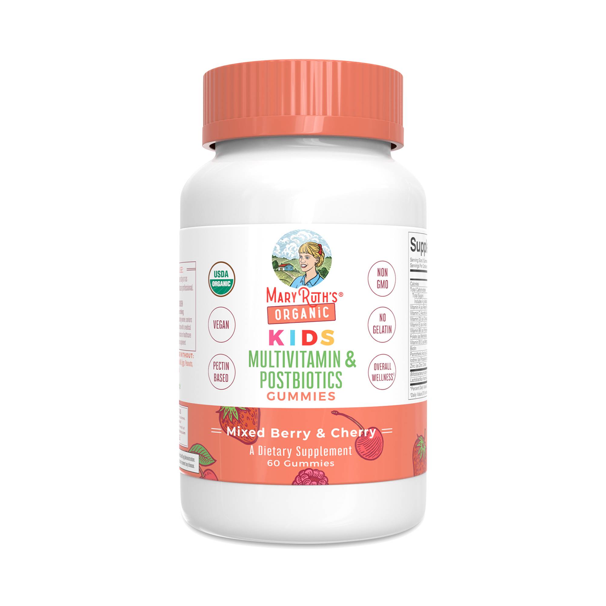 Kids Organic Multivitamin & Postbiotics Gummies, Mixed Berry & Cherry