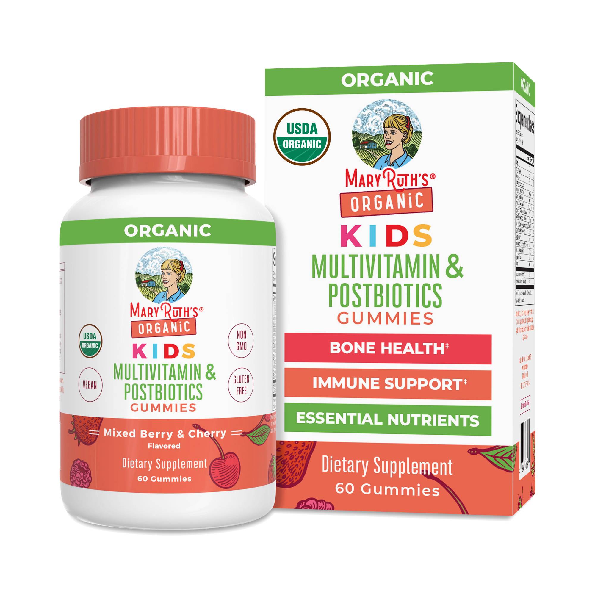 Kids Organic Multivitamin & Postbiotics Gummies, Mixed Berry & Cherry