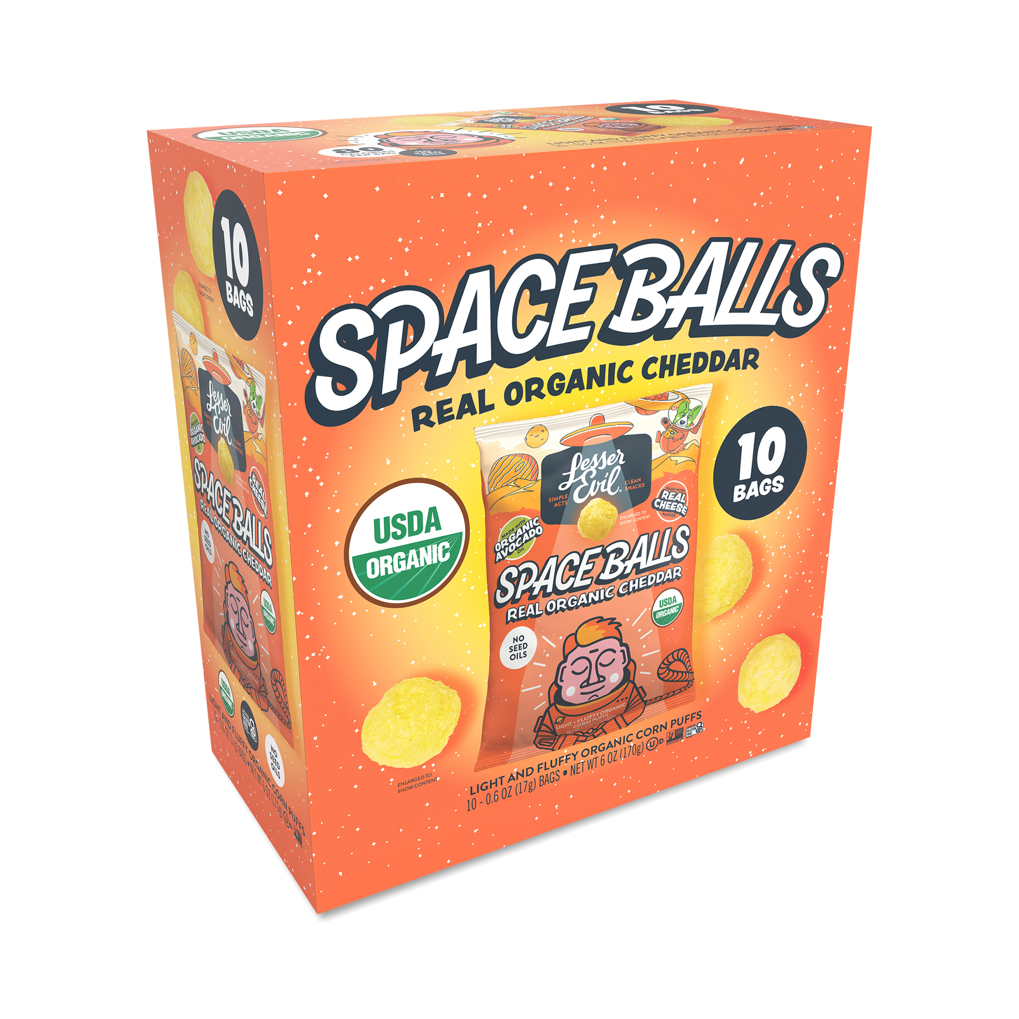 LesserEvil Space Balls, Real Organic Cheddar, Snack Packs, Value