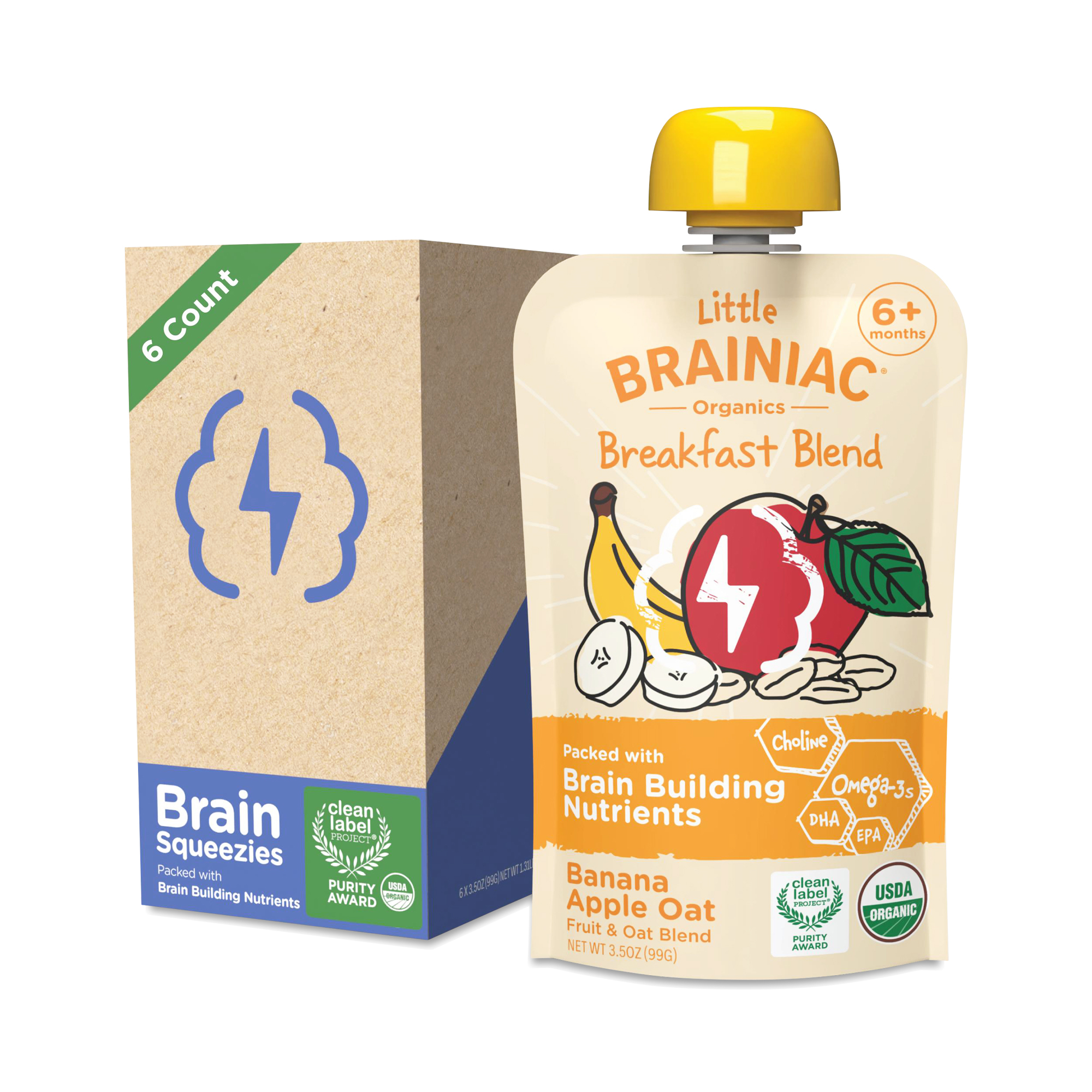 Brainiac Little Brainiac Fruit & Oat Brain Squeezies, Banana Apple Oat 6 pouches (3.5oz each)