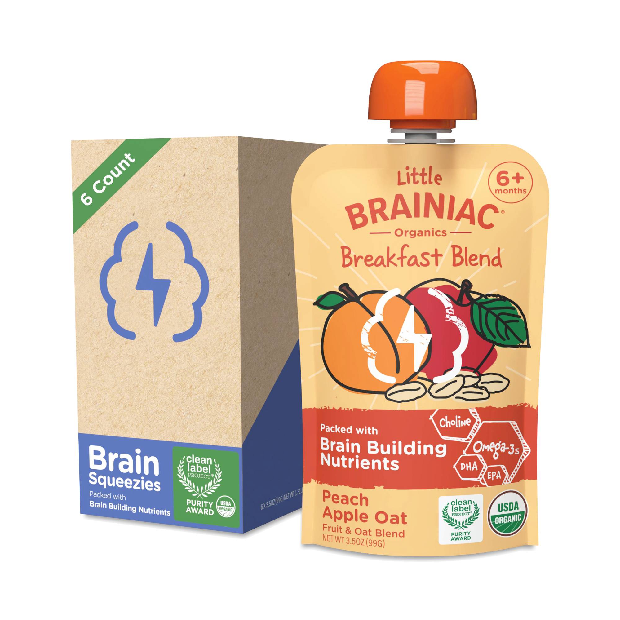 Little Brainiac Fruit & Oat Brain Squeezies, Peach Apple Oat