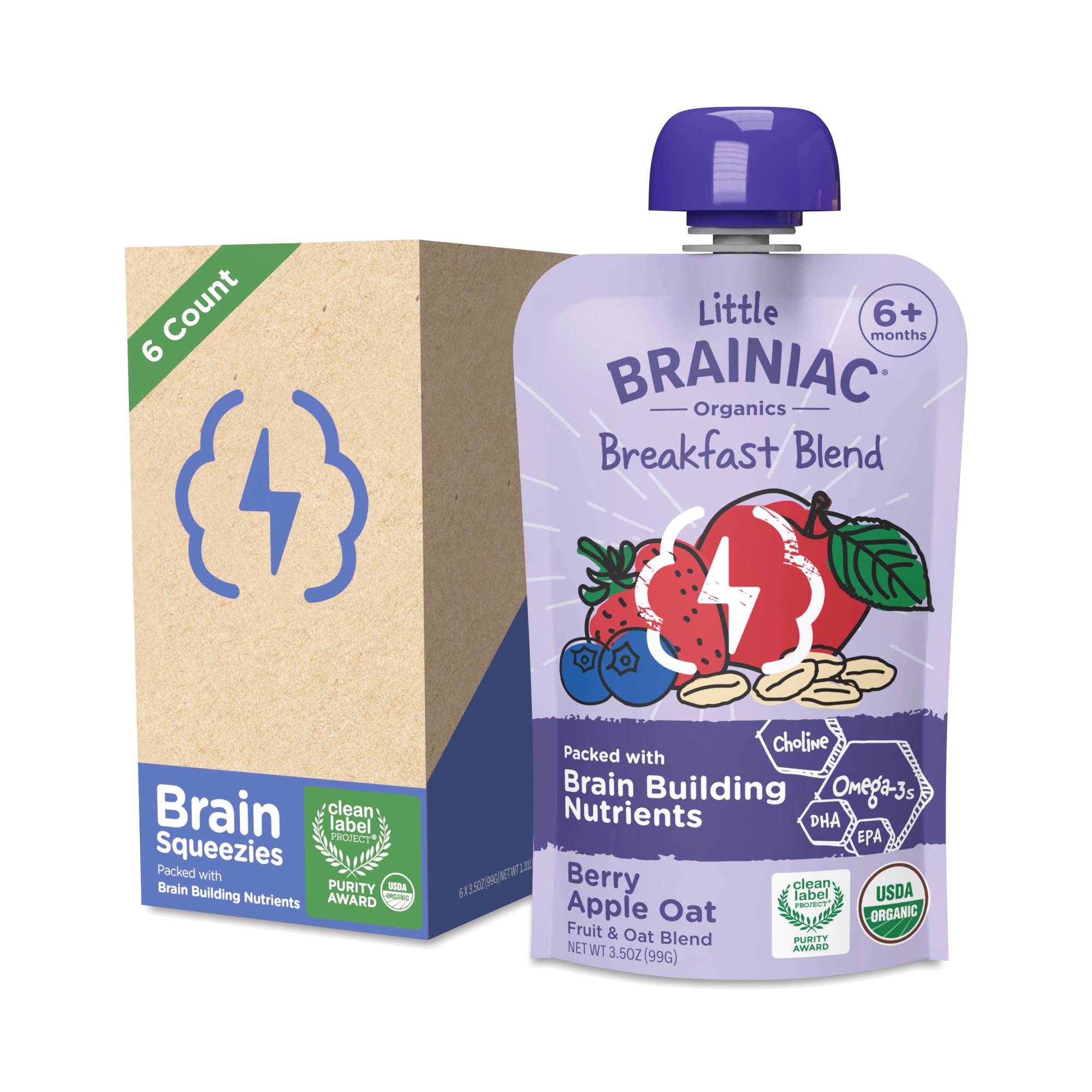 Little Brainiac Fruit & Oat Brain Squeezies, Berry Apple Oat