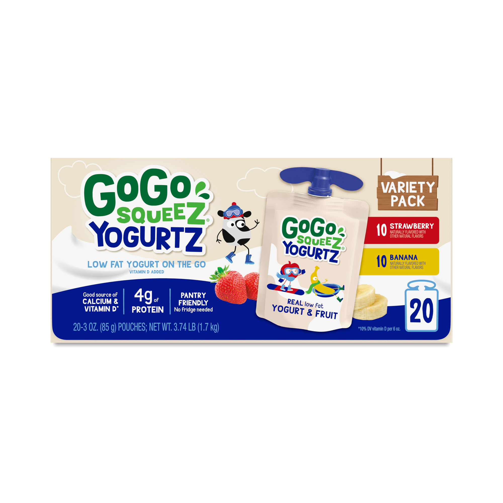 GoGo squeeZ Yogurtz Variety Pack, Strawberry & Banana 20 pouches (3 oz each)