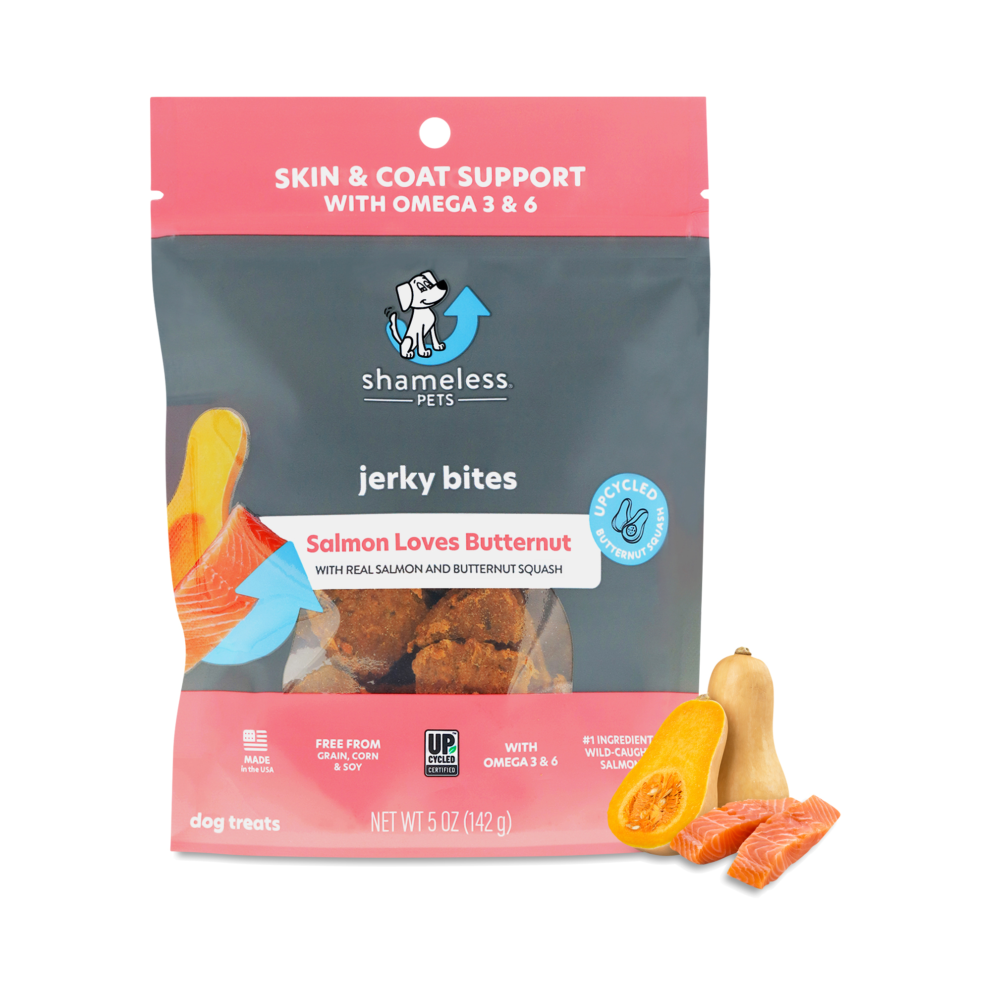 Shameless Pets Jerky Bites Dog Treats, Salmon Says Butternut Thrive