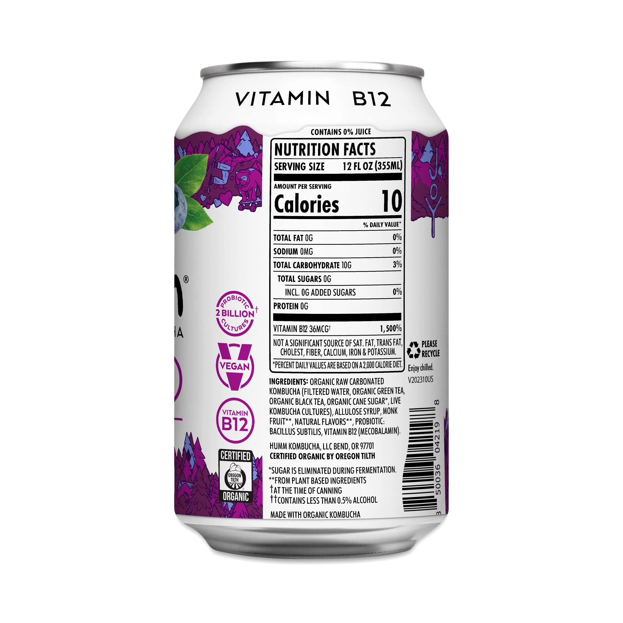 Humm Kombucha Zero Sugar Probiotic Kombucha, Acai Blueberry