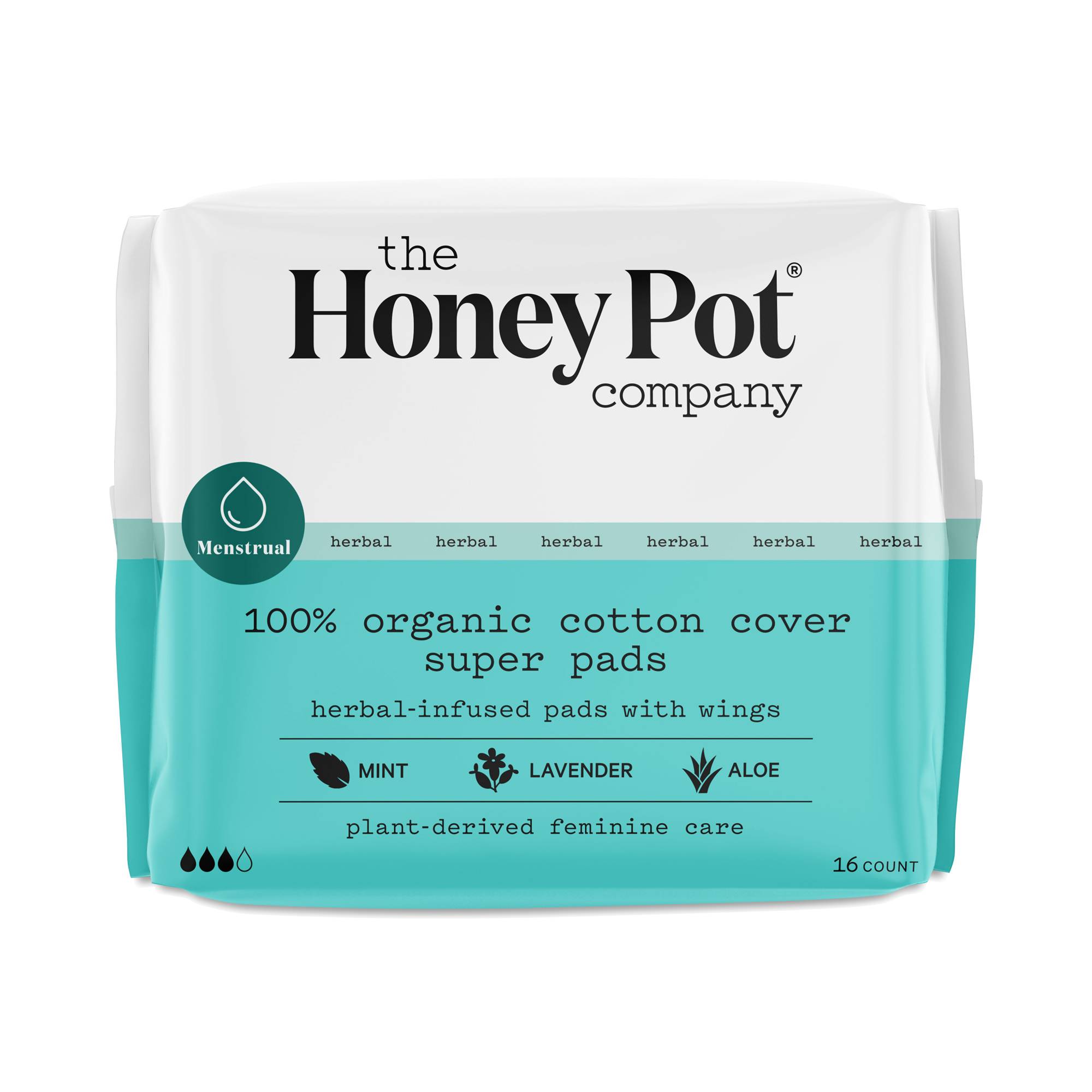 100% Organic Cotton Cover Super Pads with Wings, Cooling Herbs