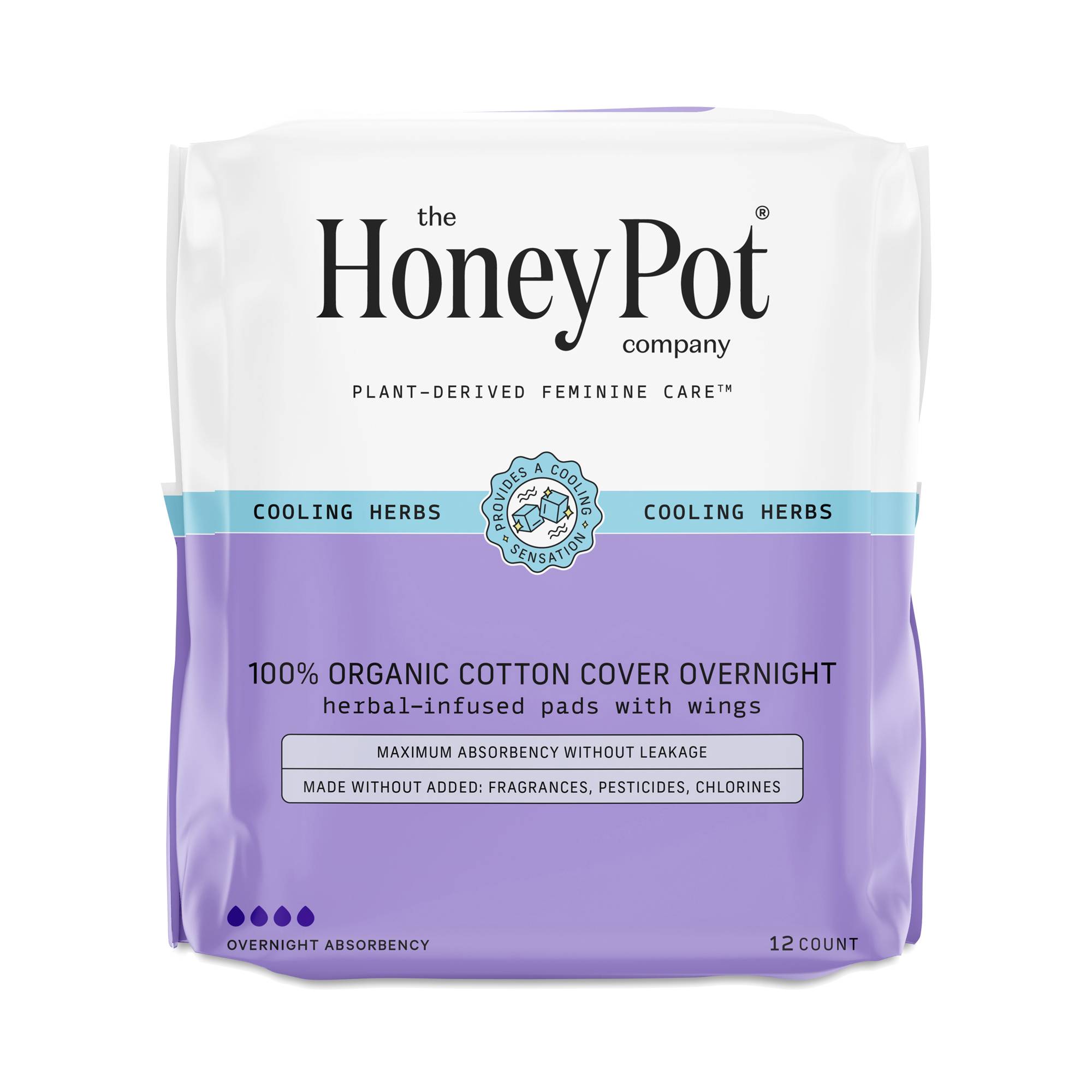 100% Organic Cotton Cover Overnight Pads with Wings, Cooling Herbs