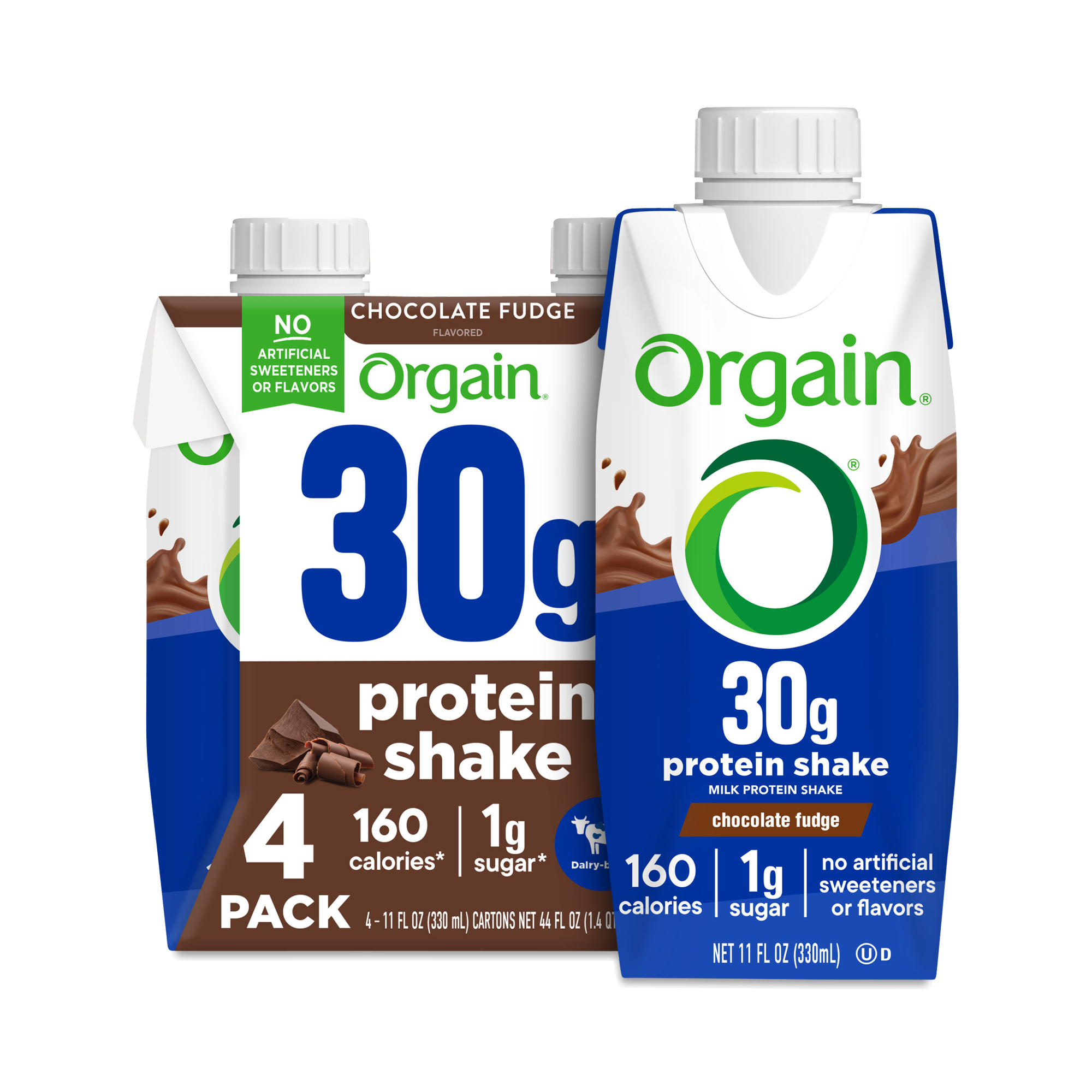 Orgain 30g Milk Protein Shake, Chocolate Fudge 4 cartons (11 fl oz each)