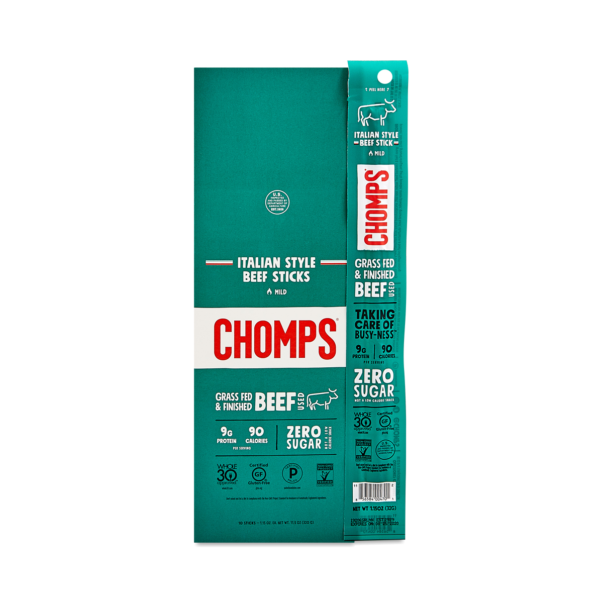 CHOMPS Grass-Fed Beef Sticks, Italian Style 10 sticks (1.15 oz each)