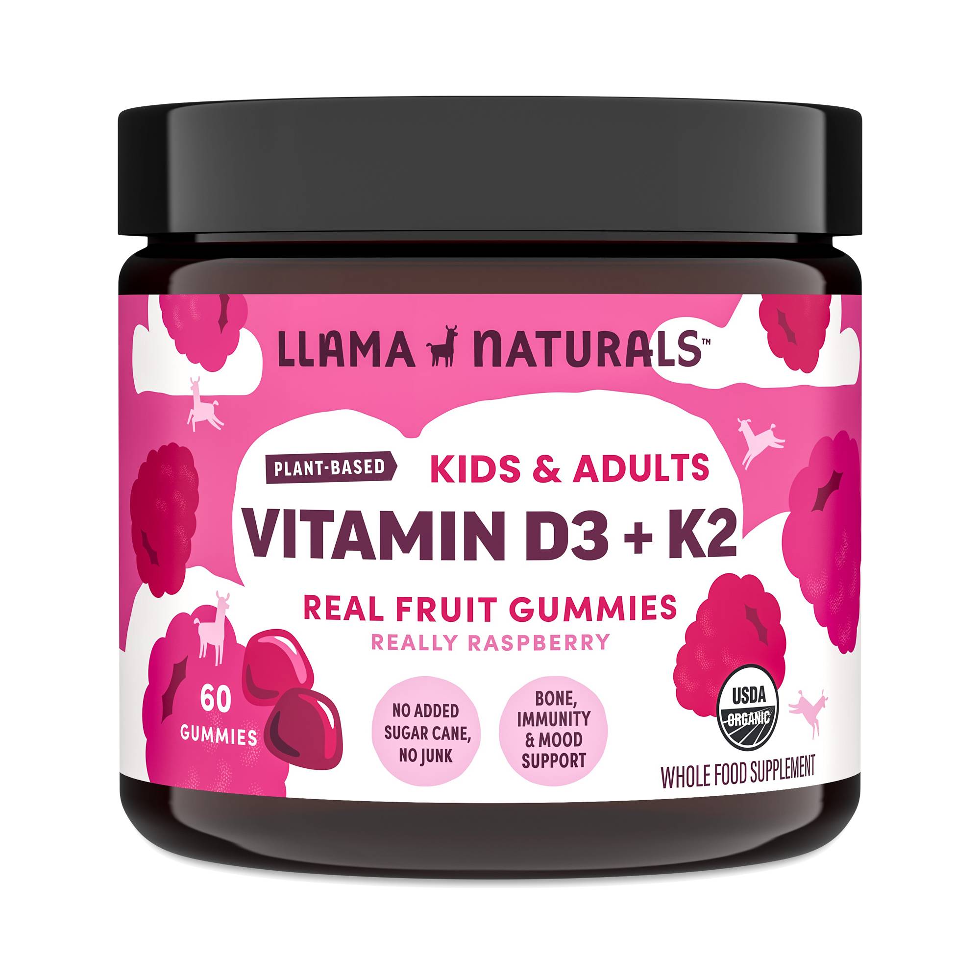 Organic Vitamin D3 + K2 Real Fruit Gummies for Kids & Adults, Raspberry