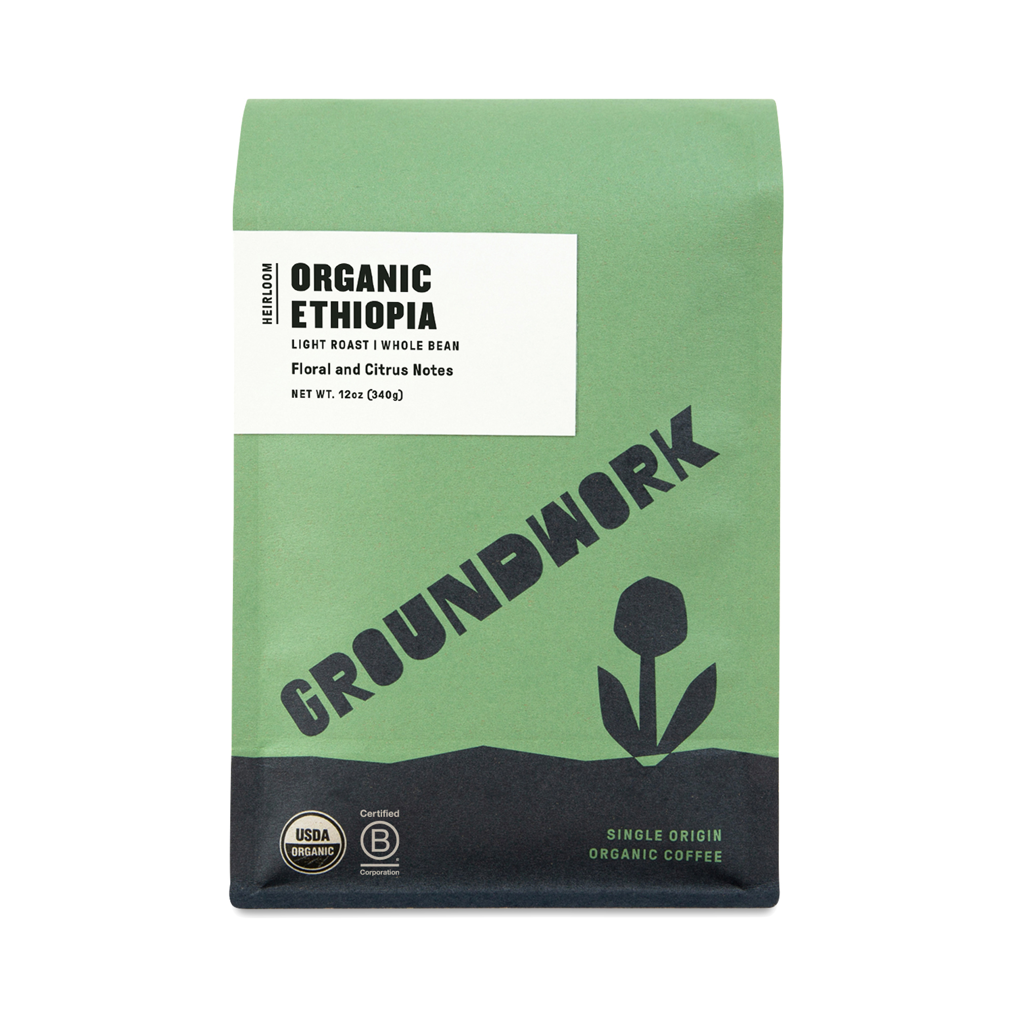 Groundwork Coffee Organic Whole Bean Coffee, Ethiopia Light Roast 12 oz bag
