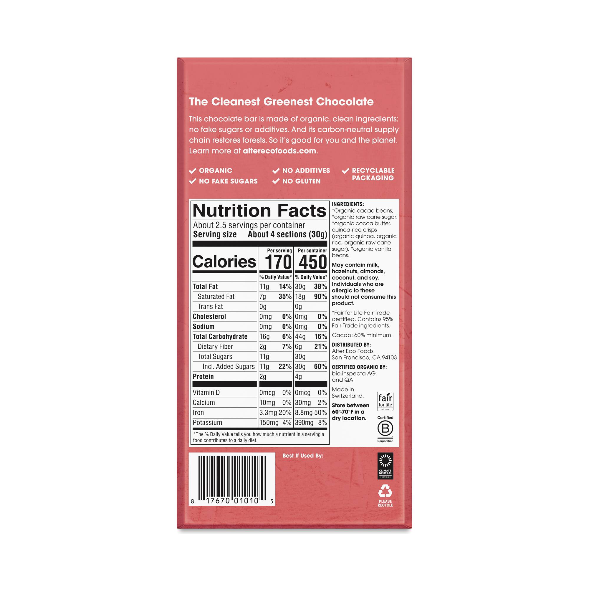 Organic Chocolate Bar, Dark Chocolate Quinoa Crunch