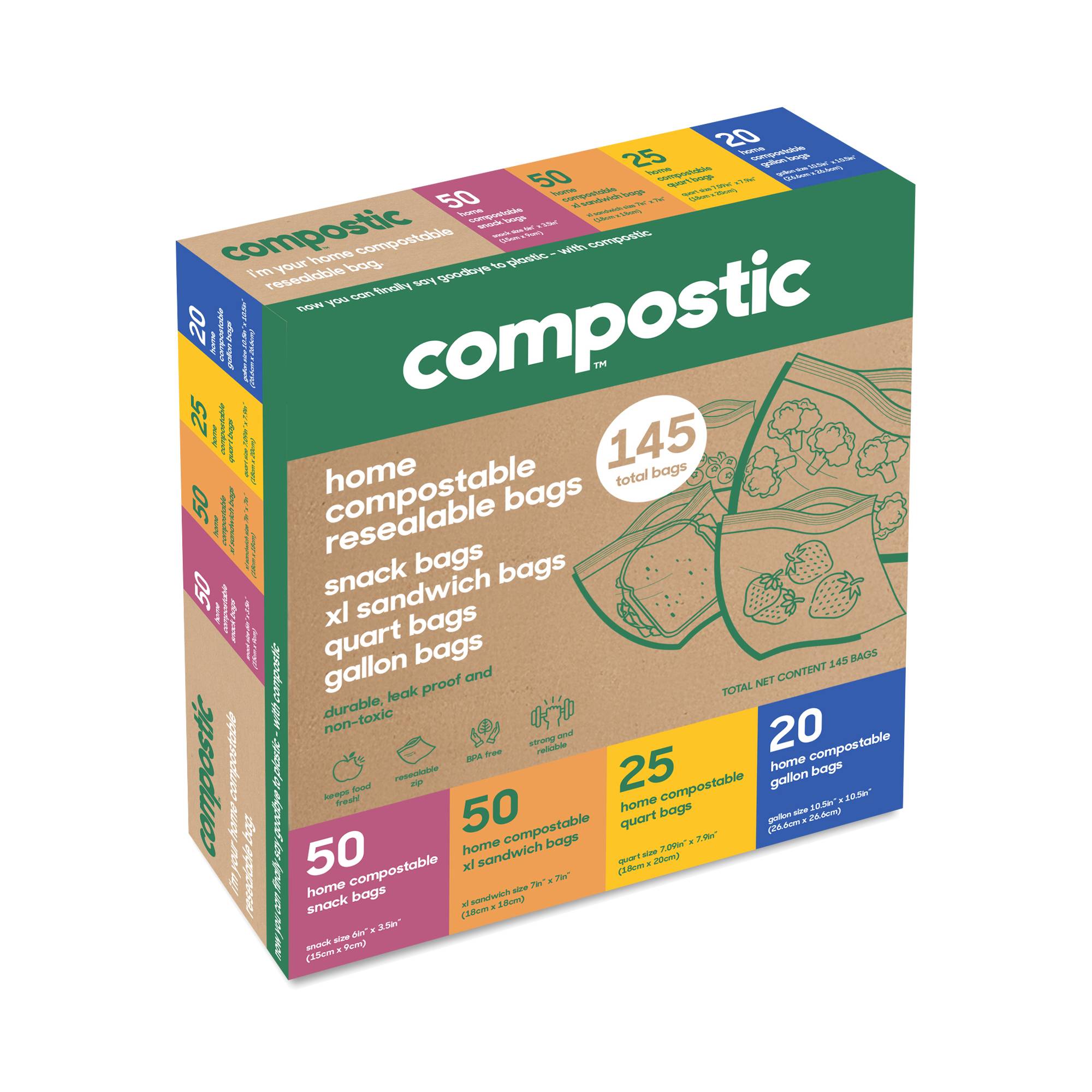 Home Compostable Resealable Bags, Variety Pack