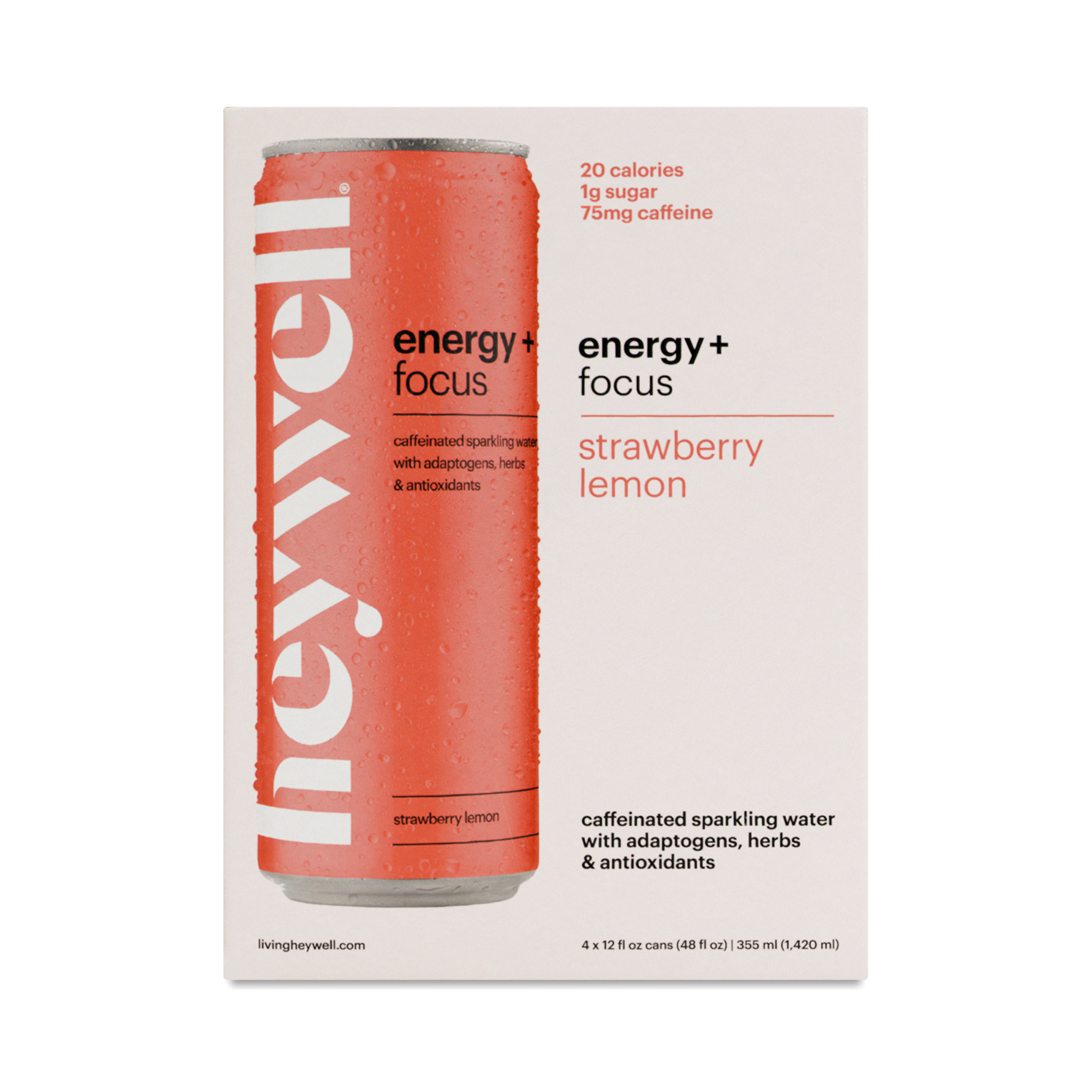 heywell Caffeinated Sparkling Water, Energy + Focus Strawberry