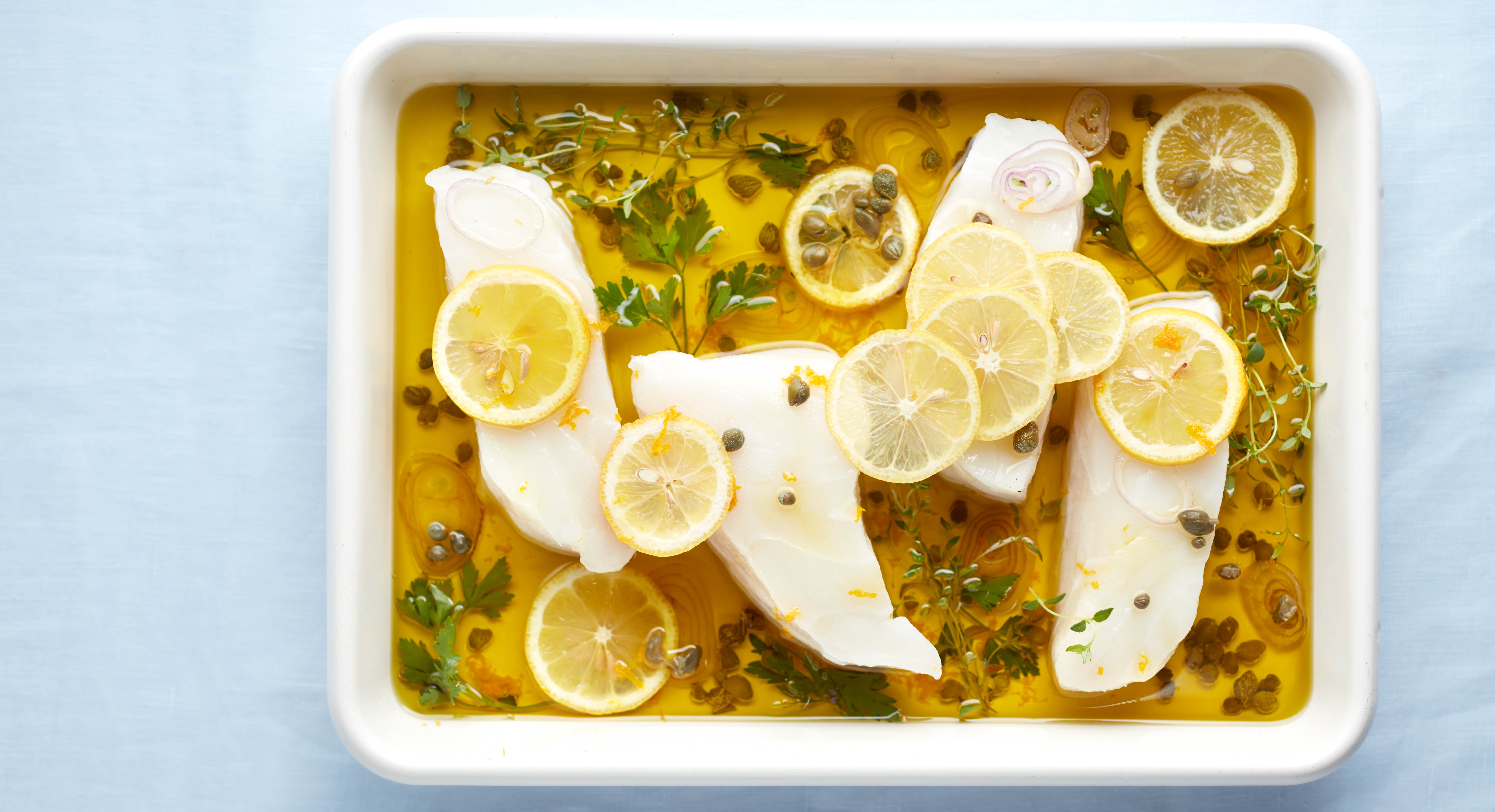 Olive oil-poached fish