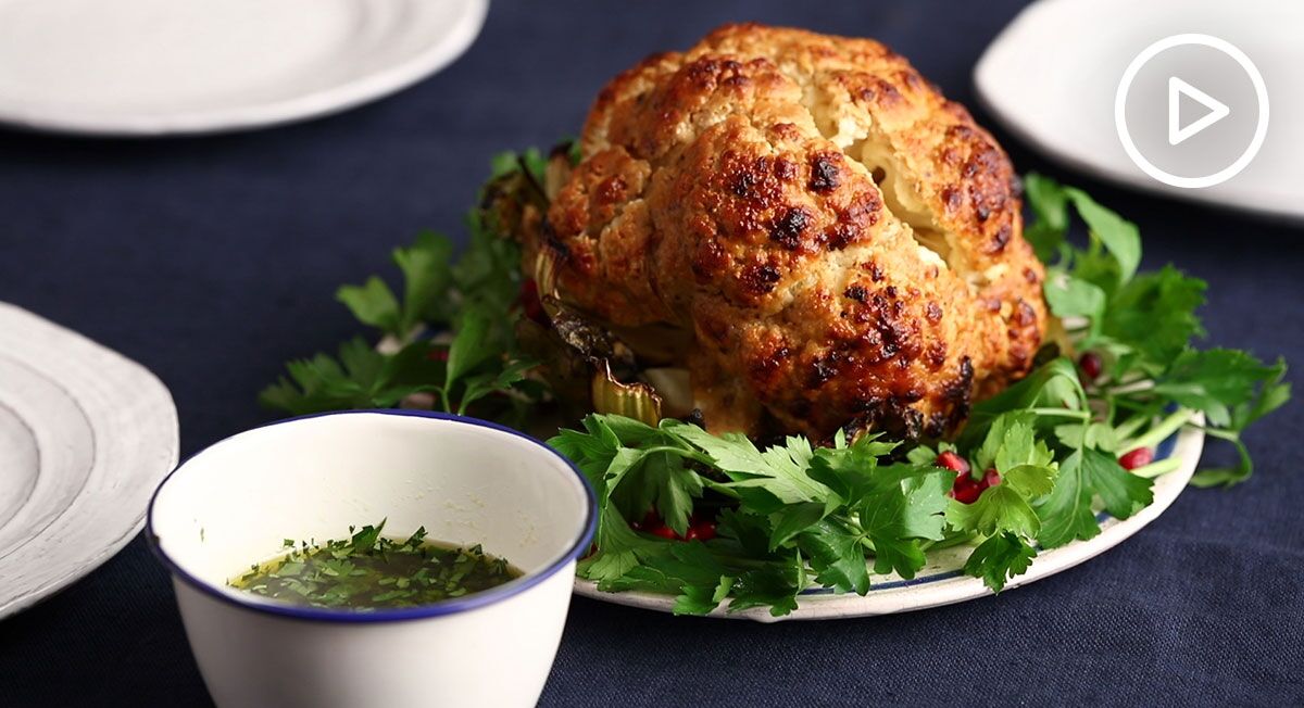 Honey Mustard Whole Roasted Cauliflower With Green Herb Sauce Recipe